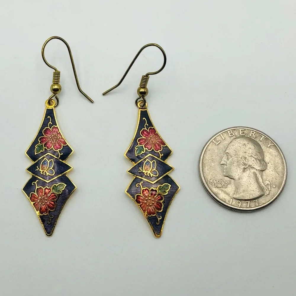 Vintage Cloisonné Earrings Butterflies and Flowers - Picture 4 of 5